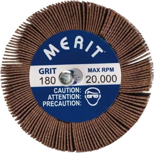 Merit Abrasives - 2-1/2" Diam x 1-1/2" Face Width, Very Fine Ceramic Alumina Coated Mounted Flap Wheel - 1/4" Shank Mount, 180 Grit, 20,000 Max RPM - Apex Tool & Supply