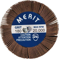 Merit Abrasives - 2-1/2" Diam x 1-1/2" Face Width, Very Fine Ceramic Alumina Coated Mounted Flap Wheel - 1/4" Shank Mount, 180 Grit, 20,000 Max RPM - Apex Tool & Supply