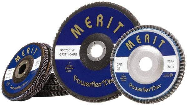 Merit Abrasives - 60 Grit, 5" Disc Diam, 7/8" Center Hole, Type 27 Zirconia Alumina Flap Disc - 12,000 Max RPM, Fiberglass Backing, Arbor Attaching System, Coated - Apex Tool & Supply