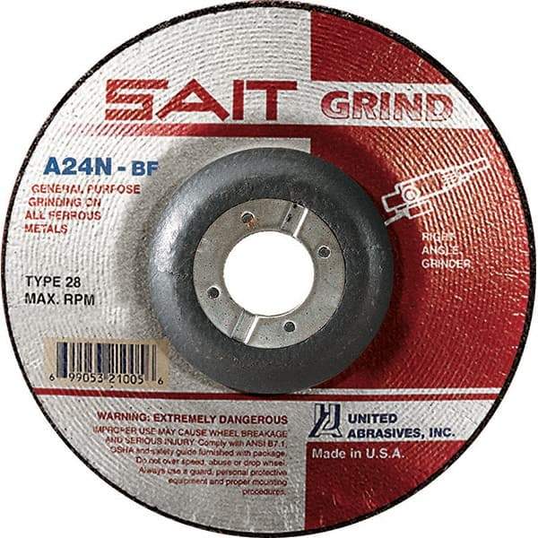 Sait - 24 Grit, 4-1/2" Wheel Diam, 1/4" Wheel Thickness, 7/8" Arbor Hole, Type 28 Depressed Center Wheel - Aluminum Oxide, Resinoid Bond, N Hardness, 13,300 Max RPM, Compatible with Angle Grinder - Apex Tool & Supply
