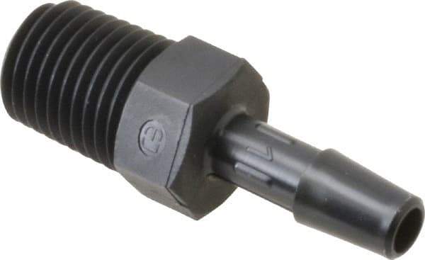 Made in USA - 1/4" Barb, 1/4, Nylon Single Barbed Tube Adapter - Black, Male - Apex Tool & Supply