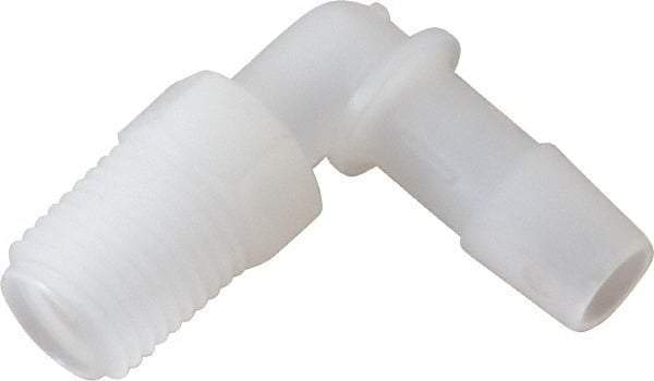Made in USA - 3/8" Barb, 3/8, Kynar Single Barbed Tube Elbow - Natural, Male - Apex Tool & Supply