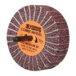 Standard Abrasives - 3" Diam x 1" Face Width, Medium Aluminum Oxide Nonwoven & Coated Mounted Flap Wheel - 1/4" Shank Mount, 80 Grit, 12,000 Max RPM - Apex Tool & Supply