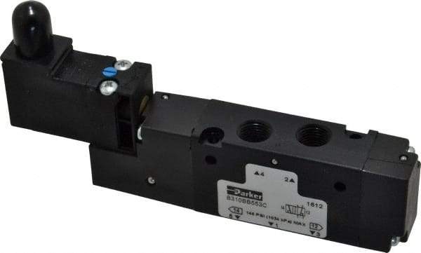 Parker - 1/8", 4-Way Body Ported Stacking Solenoid Valve - 120 VAC, 0.75 CV Rate, Air Return, 2.14" High x 4.67" Long - Apex Tool & Supply
