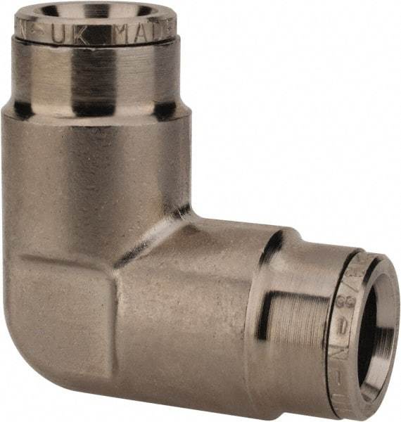 Norgren - 3/8" Outside Diam, Nickel Plated Brass Push-to-Connect Tube Union Elbow - 260 Max psi, Tube to Tube Connection - Apex Tool & Supply