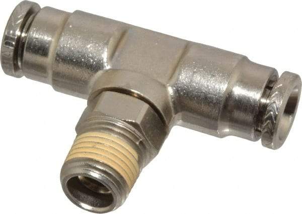 Norgren - 1/8 NPTF, Nickel Plated Brass Push-to-Connect Tube Male Swivel Branch Tee - 260 Max psi, Tube to Male NPT Connection - Apex Tool & Supply