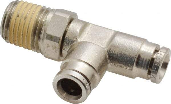 Norgren - 1/4 NPTF, Nickel Plated Brass Push-to-Connect Tube Male Swivel Run Tee - 260 Max psi, Tube to Male NPT Connection - Apex Tool & Supply