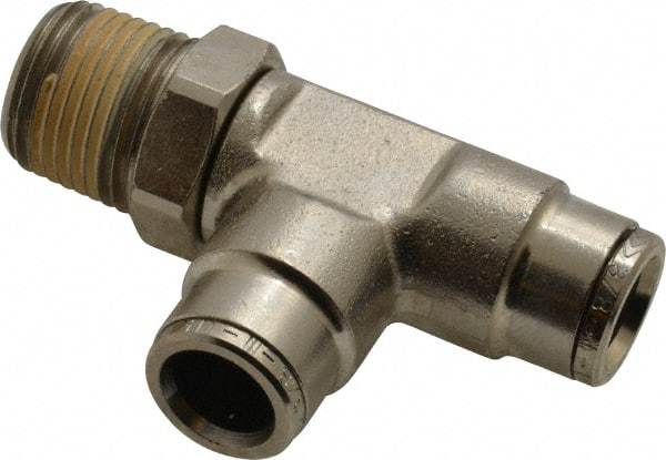 Norgren - 3/8 NPTF, Nickel Plated Brass Push-to-Connect Tube Male Swivel Run Tee - 260 Max psi, Tube to Male NPT Connection - Apex Tool & Supply