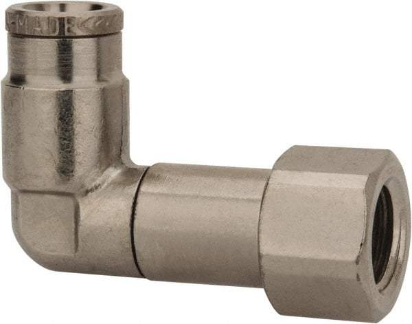 Norgren - 1/4" Outside Diam, 1/8 NPTF, Nickel Plated Brass Push-to-Connect Tube Female Swivel Elbow - 260 Max psi, Tube to Female NPT Connection - Apex Tool & Supply