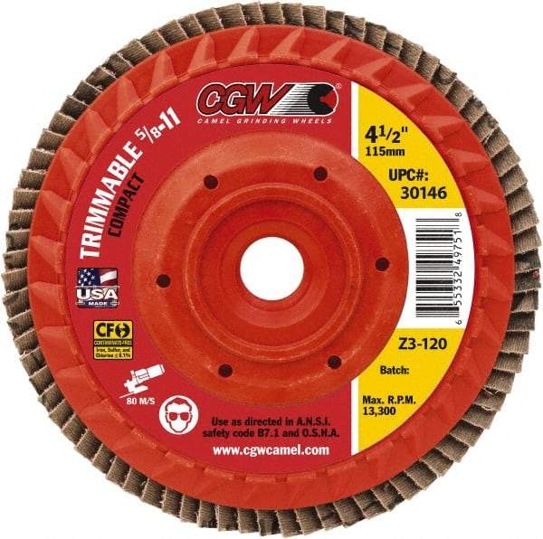 Camel Grinding Wheels - 80 Grit, 4-1/2" Disc Diam, 5/8-11 Center Hole, Compact Ceramic Flap Disc - 13,300 Max RPM, Cloth Backing, Arbor Attaching System, Coated - Apex Tool & Supply
