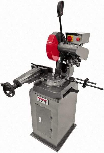 Jet - 11-1/2" Blade Diam, Straight/Miter Chop & Cut-Off Saw - 3 Phase, 3,450 RPM, 5 hp, 230/460 Volts, 4" Capacity in Pipe at 90°, 3-1/2" Capacity in Solids at 45° - Apex Tool & Supply