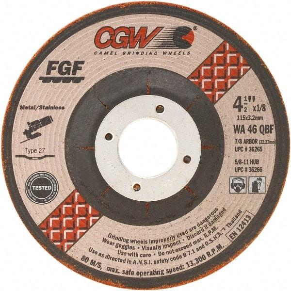 Camel Grinding Wheels - 46 Grit, 4-1/2" Wheel Diam, 1/8" Wheel Thickness, Type 27 Depressed Center Wheel - Medium Grade, Aluminum Oxide, Resinoid Bond, 13,300 Max RPM - Apex Tool & Supply