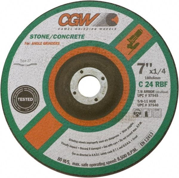 Camel Grinding Wheels - 24 Grit, 9" Wheel Diam, 1/4" Wheel Thickness, 7/8" Arbor Hole, Type 27 Depressed Center Wheel - Coarse Grade, Silicon Carbide, Resinoid Bond, 6,650 Max RPM - Apex Tool & Supply