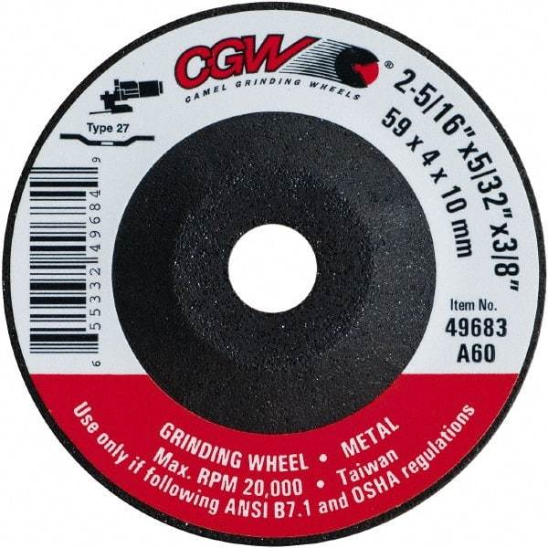 Camel Grinding Wheels - 60 Grit, 2-5/16" Wheel Diam, 5/32" Wheel Thickness, 3/8" Arbor Hole, Type 27 Depressed Center Wheel - Medium Grade, Aluminum Oxide, Resinoid Bond, 20,000 Max RPM - Apex Tool & Supply