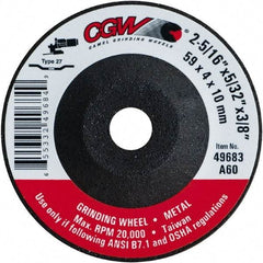 Camel Grinding Wheels - 60 Grit, 2-5/16" Wheel Diam, 5/32" Wheel Thickness, 3/8" Arbor Hole, Type 27 Depressed Center Wheel - Medium Grade, Aluminum Oxide, Resinoid Bond, 20,000 Max RPM - Apex Tool & Supply