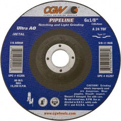 Camel Grinding Wheels - 24 Grit, 6" Wheel Diam, 1/8" Wheel Thickness, Type 27 Depressed Center Wheel - Coarse Grade, Aluminum Oxide, Resinoid Bond, 10,200 Max RPM - Apex Tool & Supply
