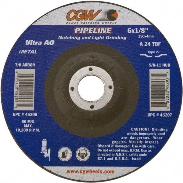 Camel Grinding Wheels - 24 Grit, 4-1/2" Wheel Diam, 1/8" Wheel Thickness, Type 27 Depressed Center Wheel - Coarse Grade, Aluminum Oxide, Resinoid Bond, 13,300 Max RPM - Apex Tool & Supply