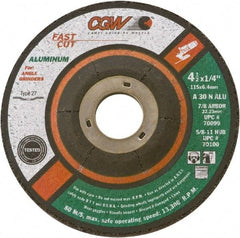 Camel Grinding Wheels - 30 Grit, 5" Wheel Diam, 1/4" Wheel Thickness, 7/8" Arbor Hole, Type 27 Depressed Center Wheel - Medium Grade, Aluminum Oxide, Resinoid Bond, 12,250 Max RPM - Apex Tool & Supply