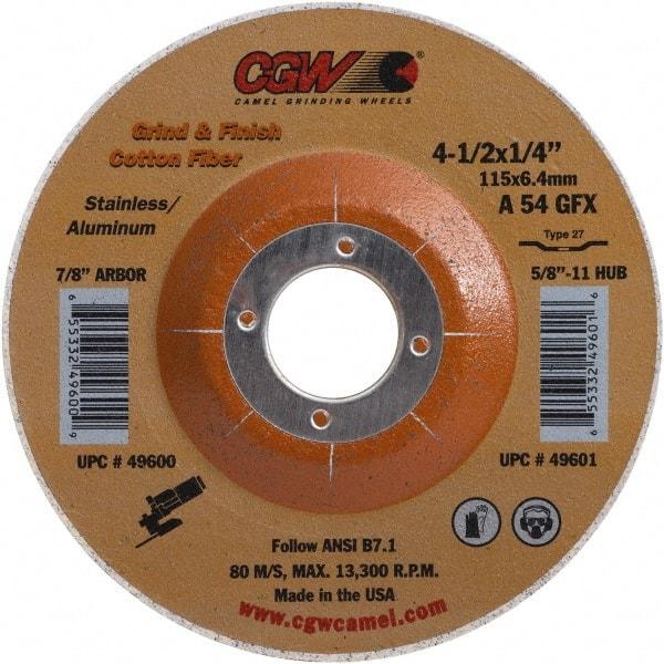 Camel Grinding Wheels - 54 Grit, 4-1/2" Wheel Diam, 1/4" Wheel Thickness, 7/8" Arbor Hole, Type 27 Depressed Center Wheel - Medium Grade, Aluminum Oxide, 13,300 Max RPM - Apex Tool & Supply