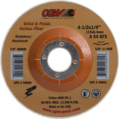 Camel Grinding Wheels - 54 Grit, 4-1/2" Wheel Diam, 1/4" Wheel Thickness, 7/8" Arbor Hole, Type 27 Depressed Center Wheel - Medium Grade, Aluminum Oxide, 13,300 Max RPM - Apex Tool & Supply