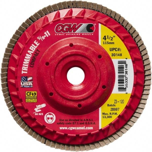 Camel Grinding Wheels - 40 Grit, 6" Disc Diam, 5/8-11 Center Hole, Compact Zirconia Alumina Flap Disc - 10,200 Max RPM, Poly Cotton Backing, Arbor Attaching System, Coated - Apex Tool & Supply