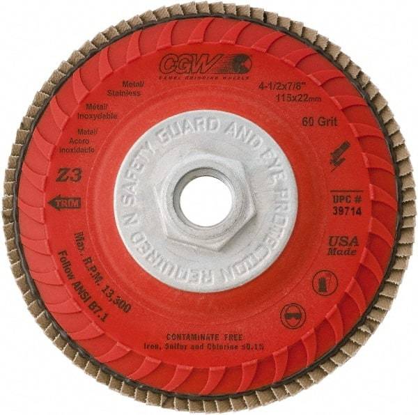 Camel Grinding Wheels - 120 Grit, 4-1/2" Disc Diam, 5/8-11 Center Hole, Compact Zirconia Alumina Flap Disc - 13,300 Max RPM, Poly Cotton Backing, Arbor Attaching System, Coated - Apex Tool & Supply
