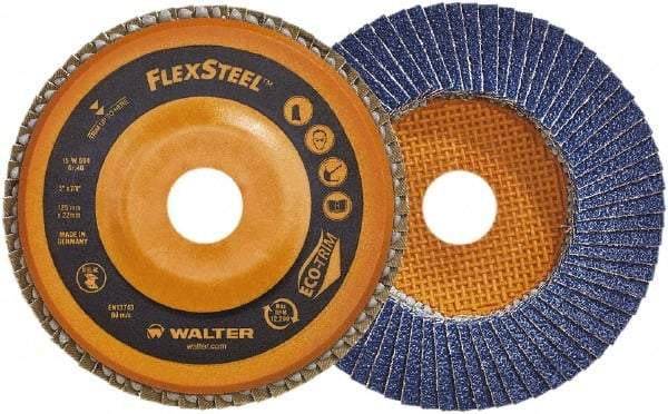 WALTER Surface Technologies - 40 Grit, 4-1/2" Disc Diam, 7/8" Center Hole, Type 27 Zirconia Alumina Flap Disc - 13,300 Max RPM, Wood Fiber Backing, Arbor Attaching System, Coated - Apex Tool & Supply