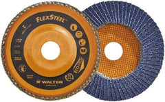 WALTER Surface Technologies - 60 Grit, 5" Disc Diam, 7/8" Center Hole, Type 27 Zirconia Alumina Flap Disc - 12,200 Max RPM, Wood Fiber Backing, Arbor Attaching System, Coated - Apex Tool & Supply