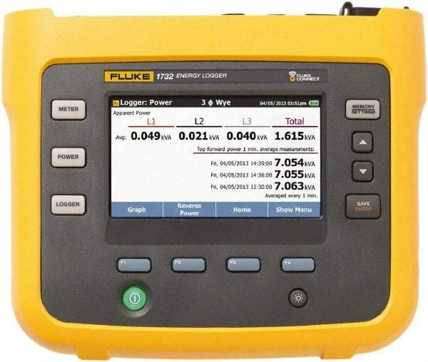 Fluke - 3 Phase, 1,000 VAC, 0.20 to 6,000 Amp Capability, 3.5 to 42.5 Hz Calibration, LCD Display Power Meter - 0.5 Current Accuracy, 0.5 Voltage Accuracy - Apex Tool & Supply