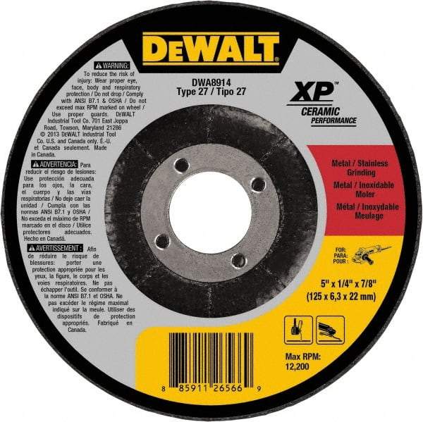 DeWALT - 5" Wheel Diam, 1/4" Wheel Thickness, 7/8" Arbor Hole, Type 27 Depressed Center Wheel - Medium Grade, Ceramic, 12,200 Max RPM - Apex Tool & Supply