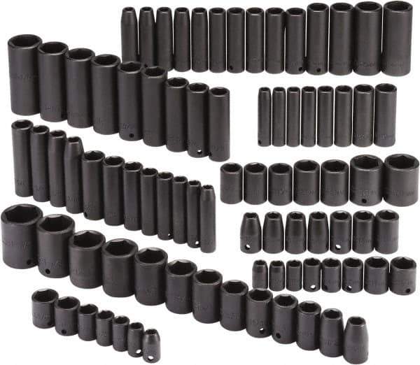 Proto - 86 Piece 3/8" & 1/2" Drive Black Finish Deep Well Impact Socket Set - 6 Points, 5/16" to 1-1/4" (9mm to 27mm) Range, Inch/Metric Measurement Standard - Apex Tool & Supply