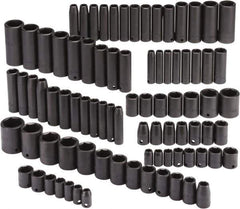 Proto - 86 Piece 3/8" & 1/2" Drive Black Finish Deep Well Impact Socket Set - 6 Points, 5/16" to 1-1/4" (9mm to 27mm) Range, Inch/Metric Measurement Standard - Apex Tool & Supply