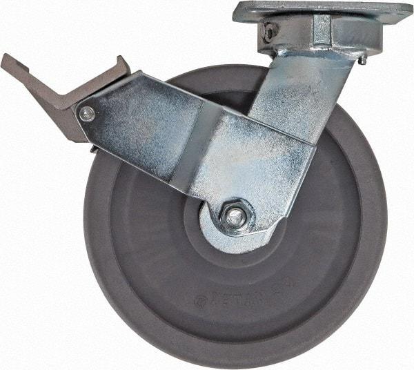 Caster Connection - 8" Diam x 2" Wide x 9-1/2" OAH Top Plate Mount Swivel Caster with Brake - Nylon, 2,000 Lb Capacity, Sealed Precision Ball Bearing, 4 x 4-1/2" Plate - Apex Tool & Supply