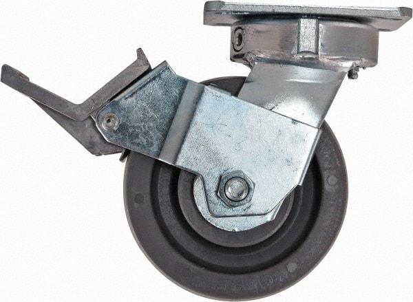Caster Connection - 5" Diam x 2" Wide x 6-1/2" OAH Top Plate Mount Swivel Caster with Brake - Nylon, 1,250 Lb Capacity, Sealed Precision Ball Bearing, 4 x 4-1/2" Plate - Apex Tool & Supply