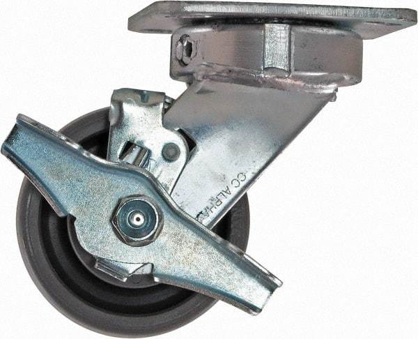 Caster Connection - 4" Diam x 2" Wide x 5-5/8" OAH Top Plate Mount Swivel Caster with Brake - Nylon, 1,000 Lb Capacity, Sealed Precision Ball Bearing, 4 x 4-1/2" Plate - Apex Tool & Supply