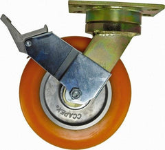 Caster Connection - 8" Diam x 2" Wide x 10-1/8" OAH Top Plate Mount Swivel Caster with Brake - Polyurethane, 1,200 Lb Capacity, Sealed Precision Ball Bearing, 4-1/2 x 6-1/4" Plate - Apex Tool & Supply