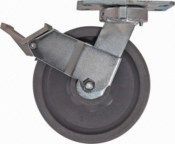 Caster Connection - 8" Diam x 2" Wide x 9-1/2" OAH Top Plate Mount Swivel Caster with Brake - Nylon, 2,000 Lb Capacity, Sealed Precision Ball Bearing, 4-1/2 x 6-1/4" Plate - Apex Tool & Supply