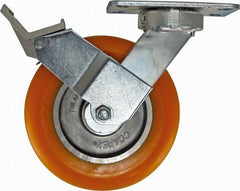Caster Connection - 8" Diam x 2" Wide x 9-1/2" OAH Top Plate Mount Swivel Caster with Brake - Polyurethane, 1,200 Lb Capacity, Sealed Precision Ball Bearing, 4-1/2 x 6-1/4" Plate - Apex Tool & Supply