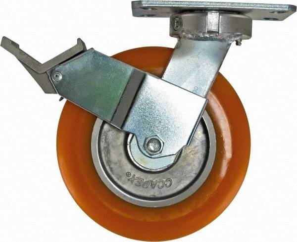 Caster Connection - 8" Diam x 2" Wide x 9-1/2" OAH Top Plate Mount Swivel Caster with Brake - Polyurethane, 1,200 Lb Capacity, Sealed Precision Ball Bearing, 4-1/2 x 6-1/4" Plate - Apex Tool & Supply