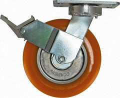 Caster Connection - 8" Diam x 2" Wide x 9-1/2" OAH Top Plate Mount Swivel Caster with Brake - Polyurethane, 1,200 Lb Capacity, Sealed Precision Ball Bearing, 4-1/2 x 6-1/4" Plate - Apex Tool & Supply