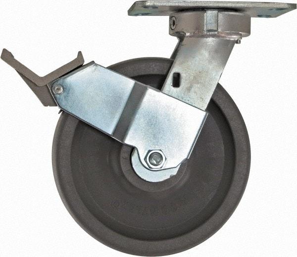 Caster Connection - 8" Diam x 2" Wide x 10-1/8" OAH Top Plate Mount Swivel Caster with Brake - Nylon, 2,000 Lb Capacity, Sealed Precision Ball Bearing, 4-1/2 x 6-1/4" Plate - Apex Tool & Supply