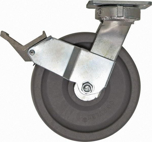 Caster Connection - 8" Diam x 2" Wide x 10-1/8" OAH Top Plate Mount Swivel Caster with Brake - Nylon, 2,000 Lb Capacity, Sealed Precision Ball Bearing, 4 x 4-1/2" Plate - Apex Tool & Supply