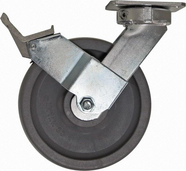 Caster Connection - 8" Diam x 2" Wide x 10-1/8" OAH Top Plate Mount Swivel Caster with Brake - Nylon, 2,000 Lb Capacity, Sealed Precision Ball Bearing, 4 x 4-1/2" Plate - Apex Tool & Supply