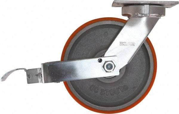 Caster Connection - 10" Diam x 3" Wide x 11-1/2" OAH Top Plate Mount Swivel Caster with Brake - Polyurethane, 2,750 Lb Capacity, Sealed Precision Ball Bearing, 4-1/2 x 6-1/4" Plate - Apex Tool & Supply