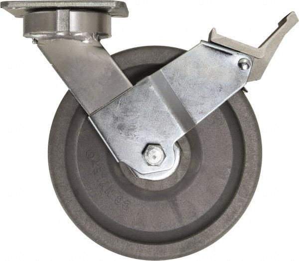 Caster Connection - 8" Diam x 2" Wide x 9-1/2" OAH Top Plate Mount Swivel Caster with Brake - Nylon, 2,000 Lb Capacity, Sealed Precision Ball Bearing, 4 x 4-1/2" Plate - Apex Tool & Supply
