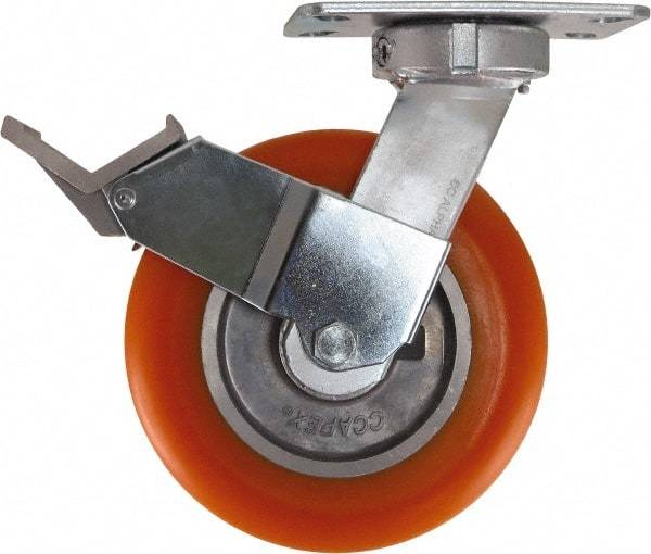 Caster Connection - 8" Diam x 2" Wide x 10-1/8" OAH Top Plate Mount Swivel Caster with Brake - Polyurethane, 1,200 Lb Capacity, Sealed Precision Ball Bearing, 4-1/2 x 6-1/4" Plate - Apex Tool & Supply