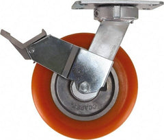 Caster Connection - 8" Diam x 2" Wide x 10-1/8" OAH Top Plate Mount Swivel Caster with Brake - Polyurethane, 1,200 Lb Capacity, Sealed Precision Ball Bearing, 4-1/2 x 6-1/4" Plate - Apex Tool & Supply