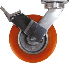 Caster Connection - 8" Diam x 2" Wide x 10-1/8" OAH Top Plate Mount Swivel Caster with Brake - Polyurethane, 1,200 Lb Capacity, Sealed Precision Ball Bearing, 4 x 4-1/2" Plate - Apex Tool & Supply