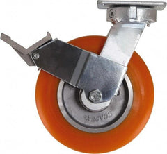 Caster Connection - 8" Diam x 2" Wide x 10-1/8" OAH Top Plate Mount Swivel Caster with Brake - Polyurethane, 1,200 Lb Capacity, Sealed Precision Ball Bearing, 4 x 4-1/2" Plate - Apex Tool & Supply