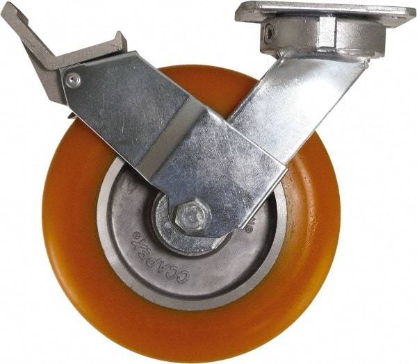 Caster Connection - 8" Diam x 2" Wide x 9-1/2" OAH Top Plate Mount Swivel Caster with Brake - Polyurethane, 1,200 Lb Capacity, Sealed Precision Ball Bearing, 4 x 4-1/2" Plate - Apex Tool & Supply